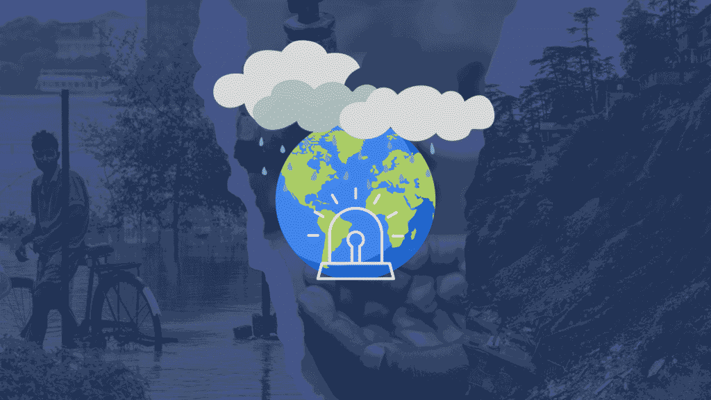 image with flood, drought and landslides in the background with a graphic of rain and earth depicting climate emergency